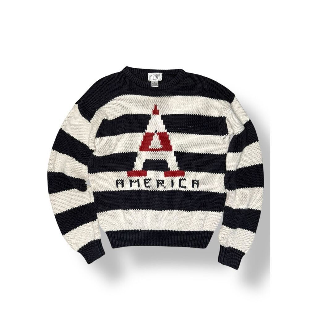 Vintage Cervelle Women’s Large America Knit Sweater Striped Patriotic Ramie 90s